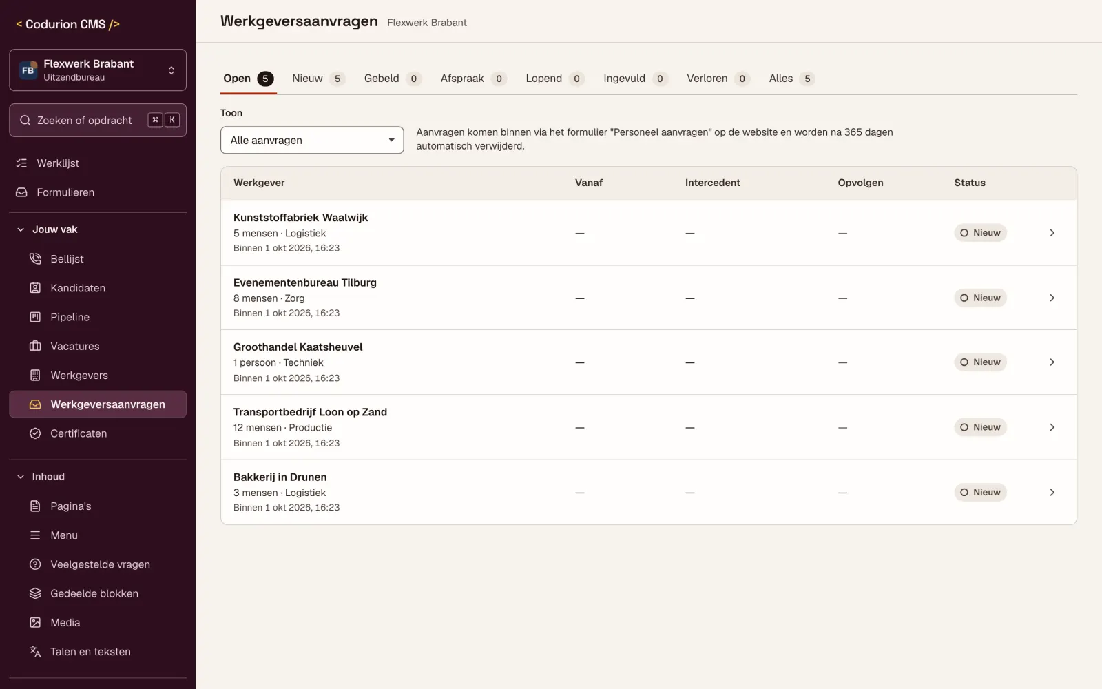Werkgeversaanvragen als leads, met spoedmarkering