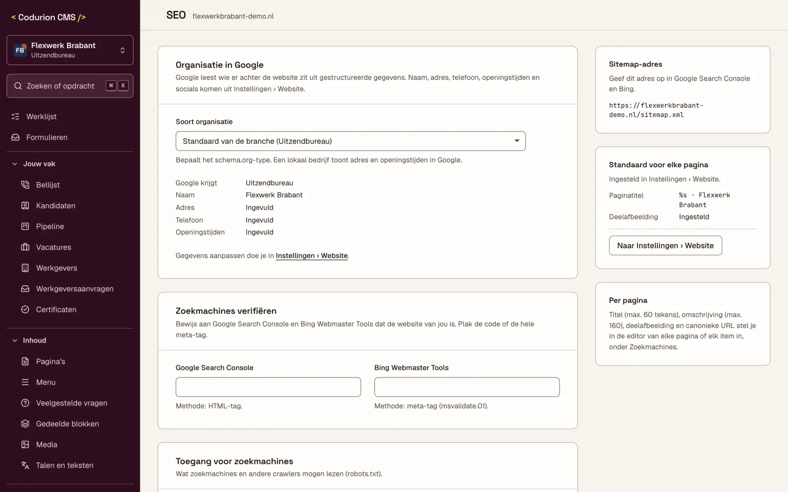 Instellingen › SEO: organisatiegegevens voor Google, verificatie voor Search Console en Bing, sitemap en robots