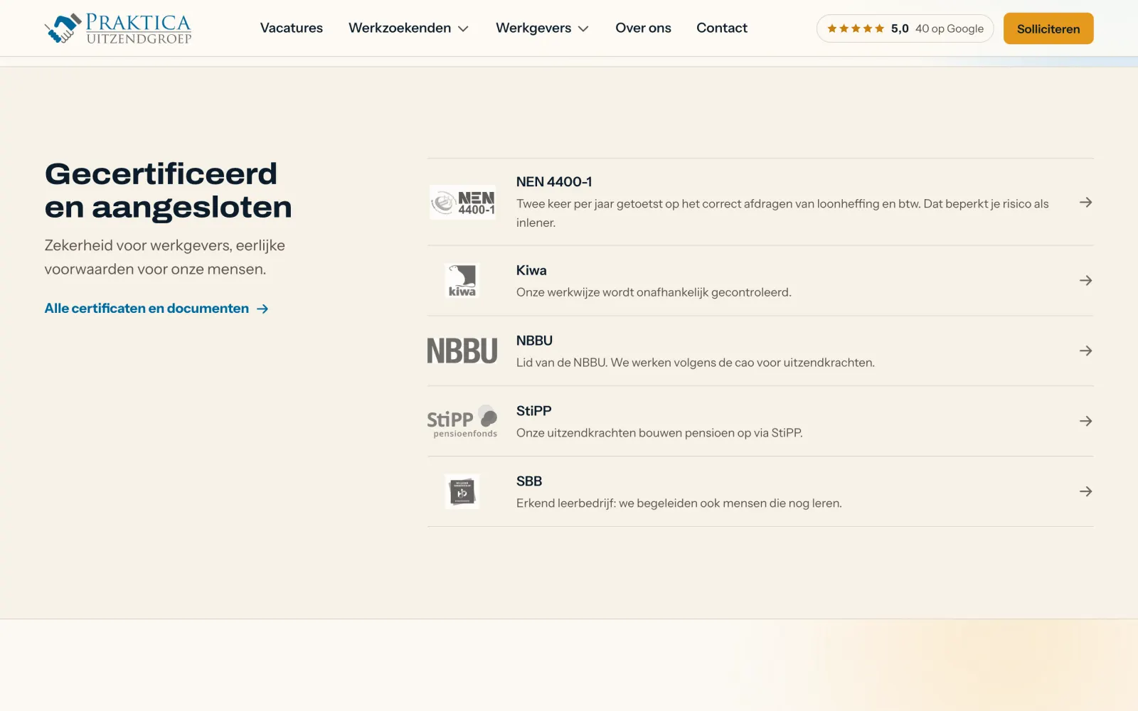 Keurmerken op de homepage: NEN 4400-1, Kiwa, NBBU, StiPP en SBB