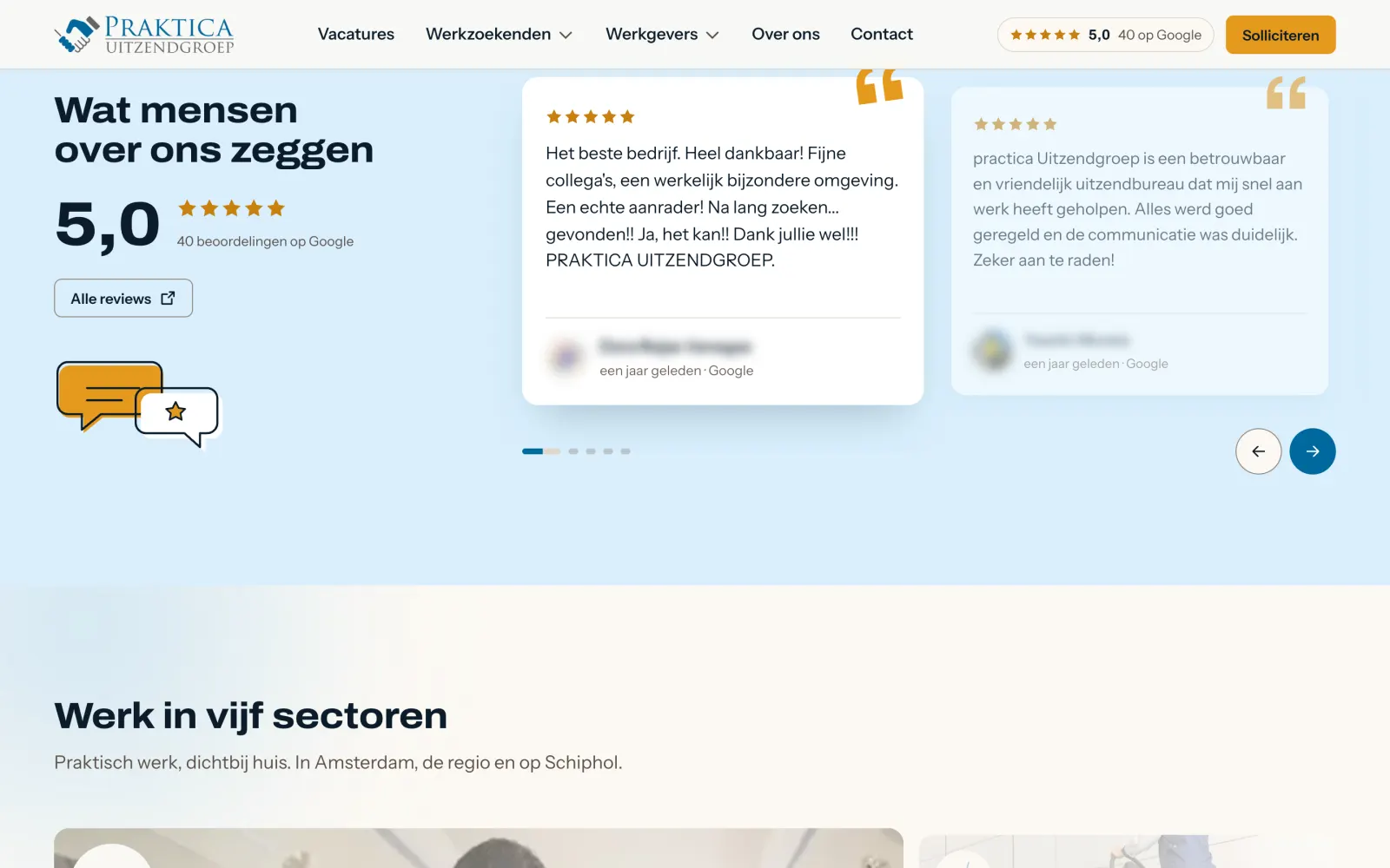 Google-reviews op de homepage: 5,0 uit 40 beoordelingen, met de reviews in een carrousel