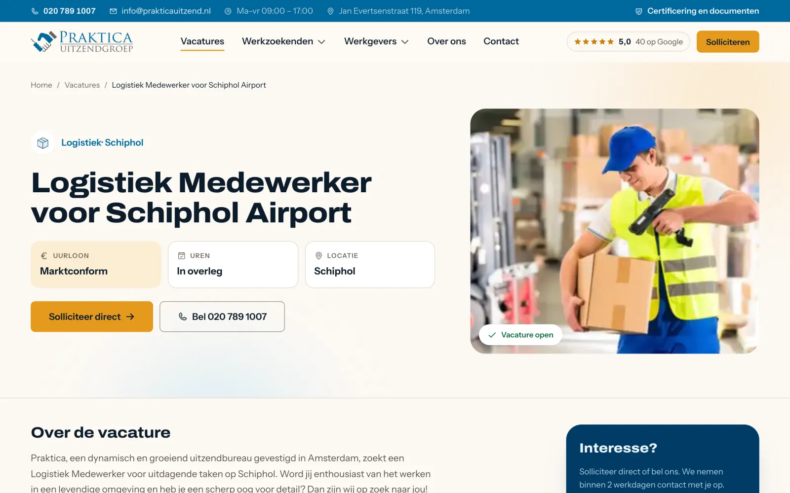 Een vacaturepagina met uurloon, uren en locatie bovenaan en een sollicitatieknop