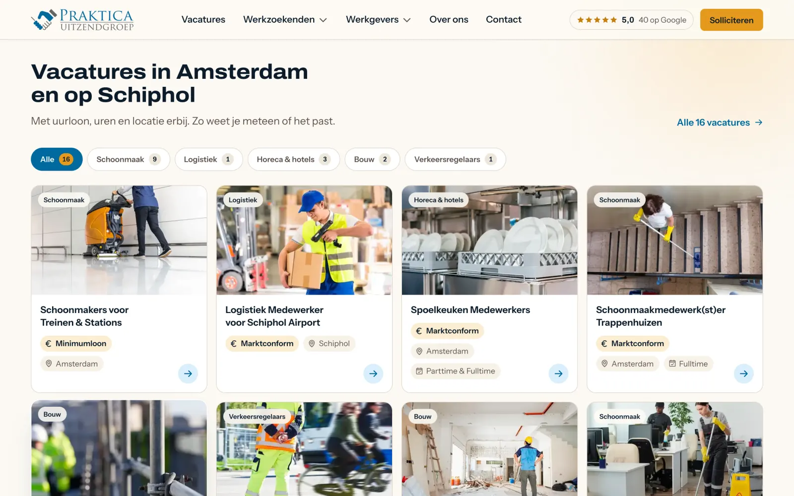 Vacaturekaarten met uurloon, uren en plaats en een filter per sector