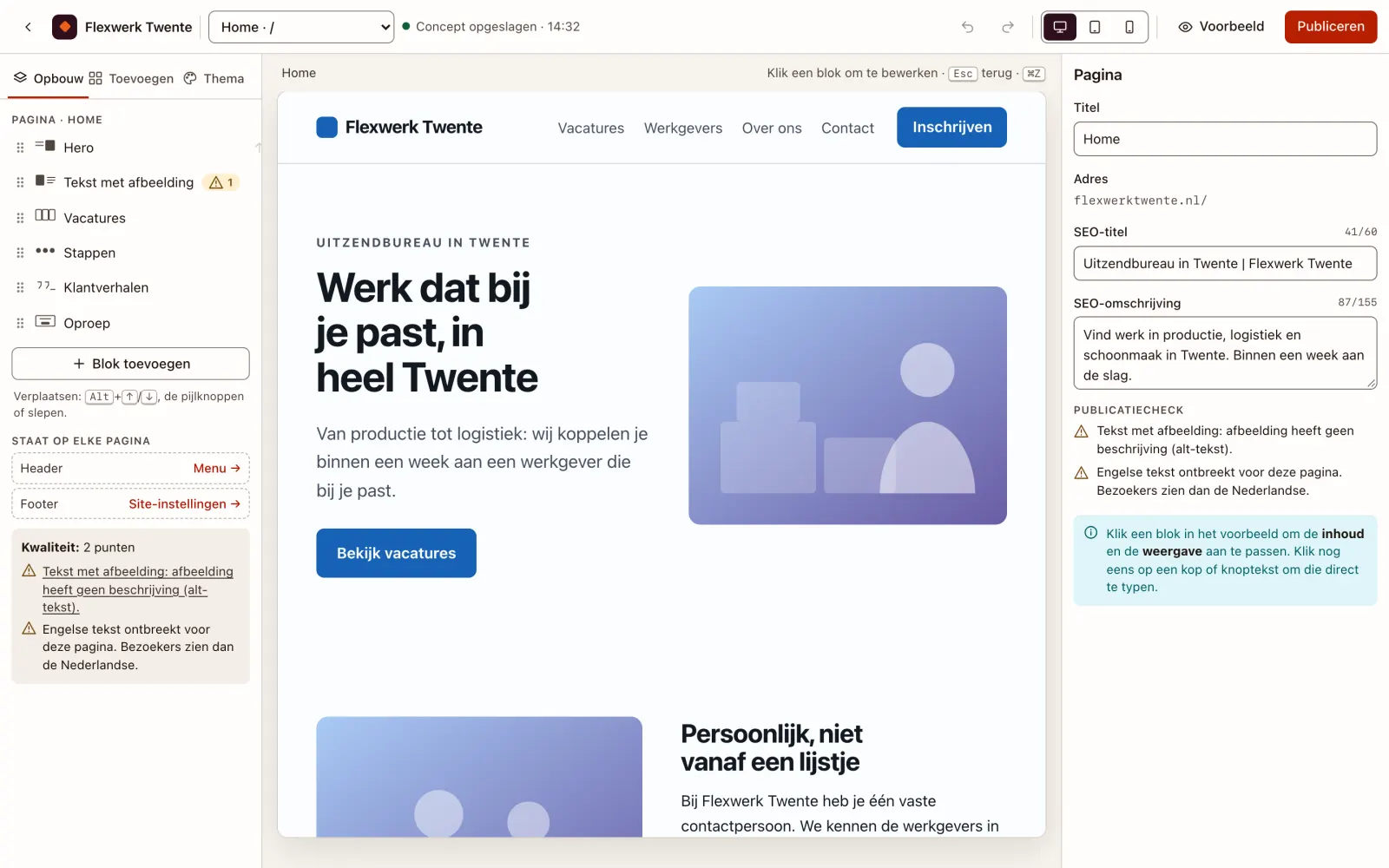 Prototype van de visuele editor: de pagina in het midden, de opbouw links en de pagina-instellingen rechts