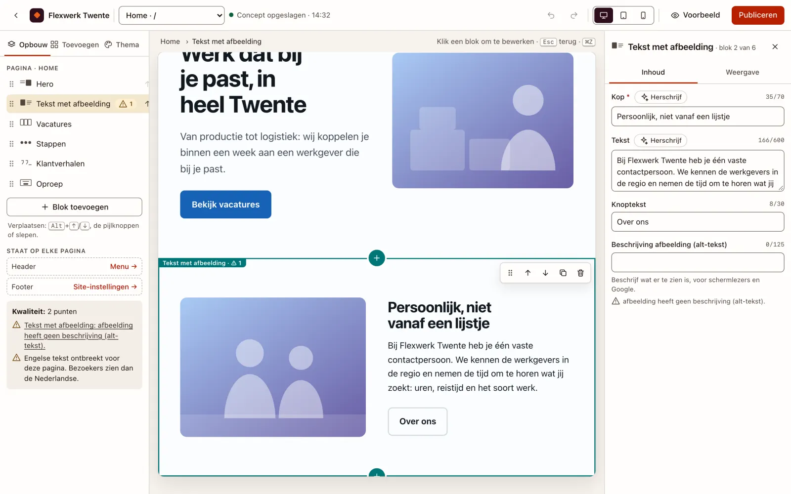 Prototype van de visuele editor met een geselecteerd blok en het inhoudspaneel