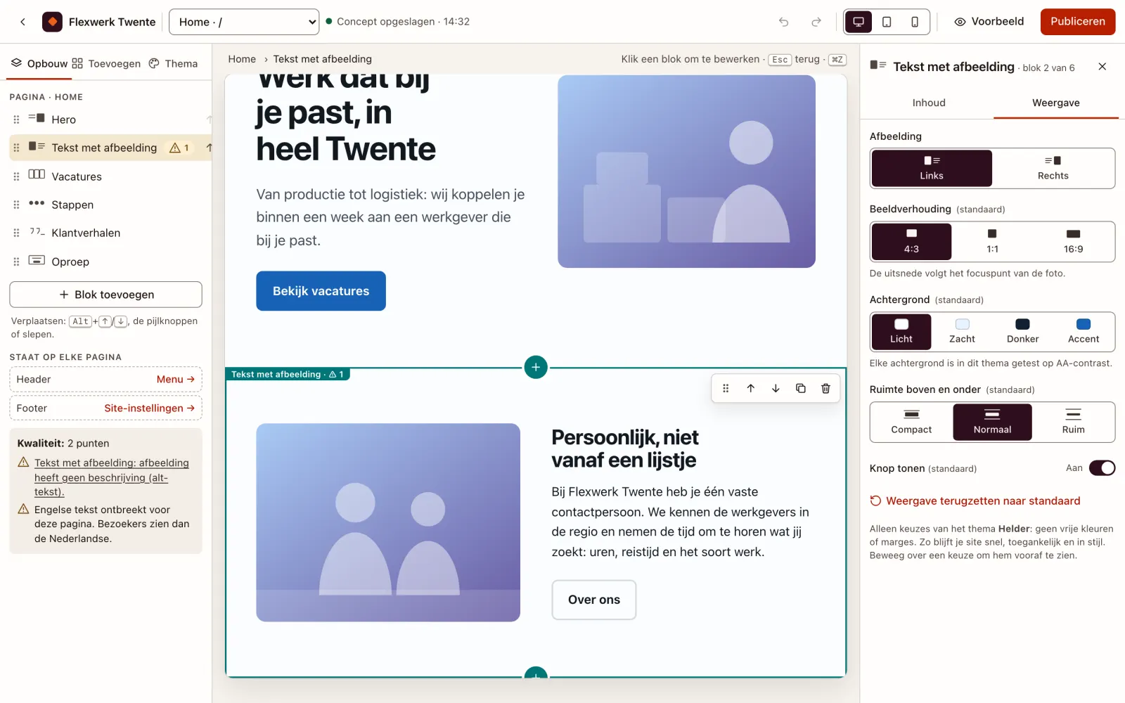 Prototype van de visuele editor met de weergave-opties van een blok in het zijpaneel