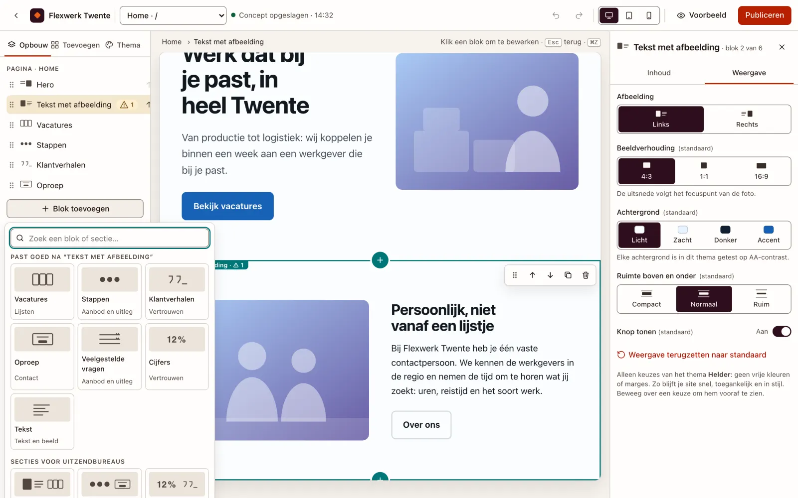 Prototype van de visuele editor met de bibliotheek om een blok toe te voegen